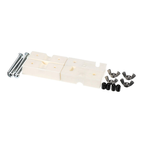 A bearing block set with white plastic blocks, metal bolts, wing nuts, and black caps.