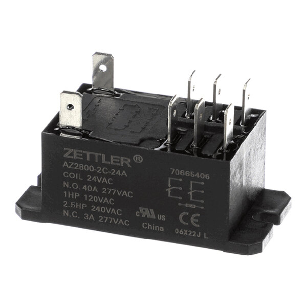 A black Zettler electrical relay with multiple metal terminals and labeled specifications for 24V coil operation.