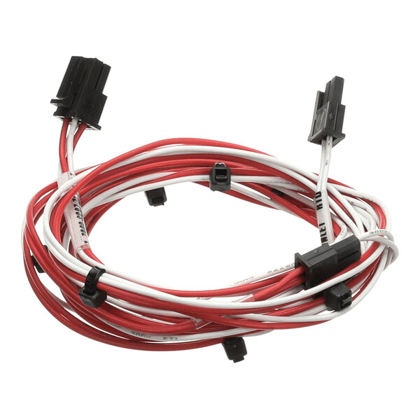 A coiled wire harness with red and white wires and black connectors at each end.