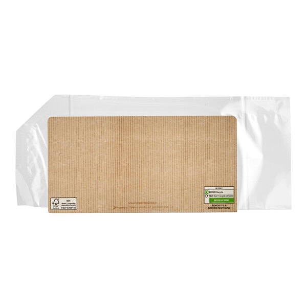 A rectangular paper and plastic take-out container designed for holding long hot sandwiches.