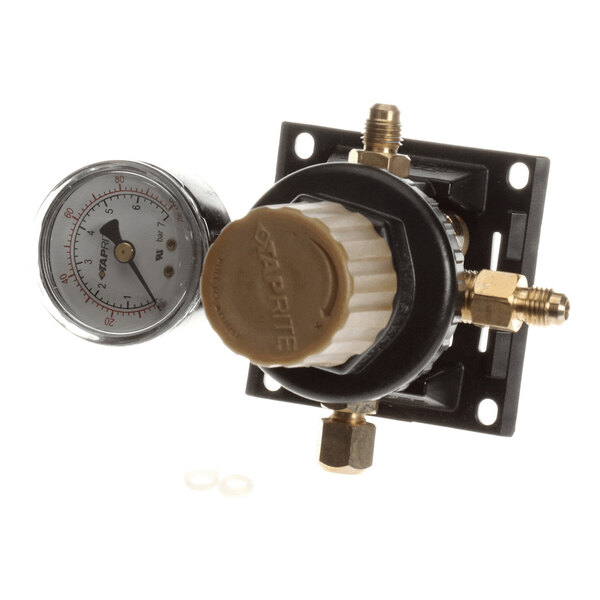 A secondary regulator with a pressure gauge and wall mount, rated for 100 PSI.