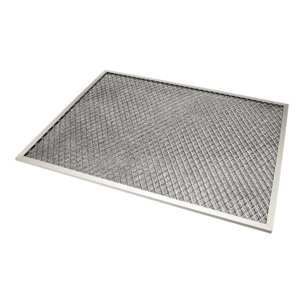 An aluminum-framed air filter with a metal mesh grid.