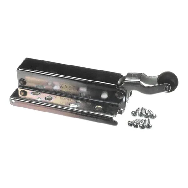 A concealed chrome door closer with an attached roller and a set of screws.