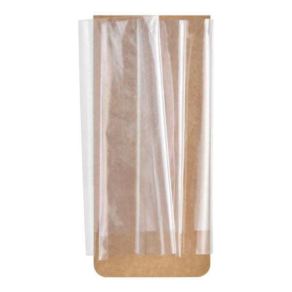 A long paper take-out container with a clear perforated film cover.