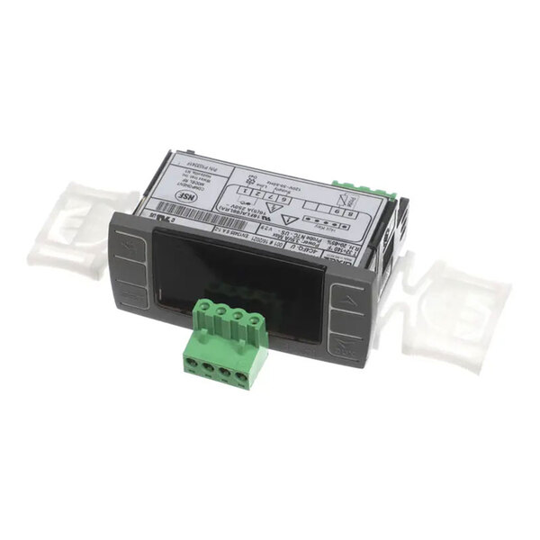 A rectangular electronic control module with a digital display and green terminal connectors, used for refrigeration or HVAC systems.