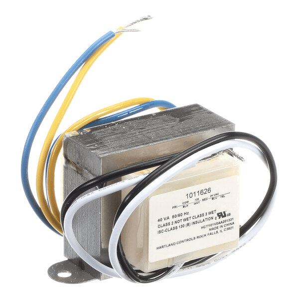 A metal and plastic electrical transformer with attached colored wires for power conversion.