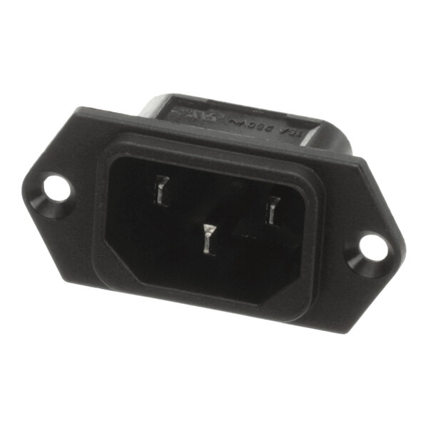 A black panel mount receptacle with three prongs and two mounting holes, typically used for electrical power connections.