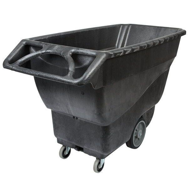 A black Rubbermaid plastic tilt truck with wheels.