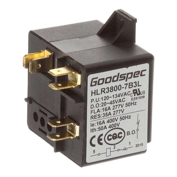 A Goodspec HLR3800-7B3L 115V relay with multiple electrical terminals and labeled specifications.