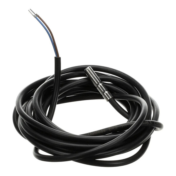 A black temperature probe sensor with a long cable and exposed wire ends.