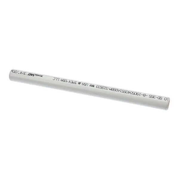 A straight white PVC pipe with printed labeling along its length.