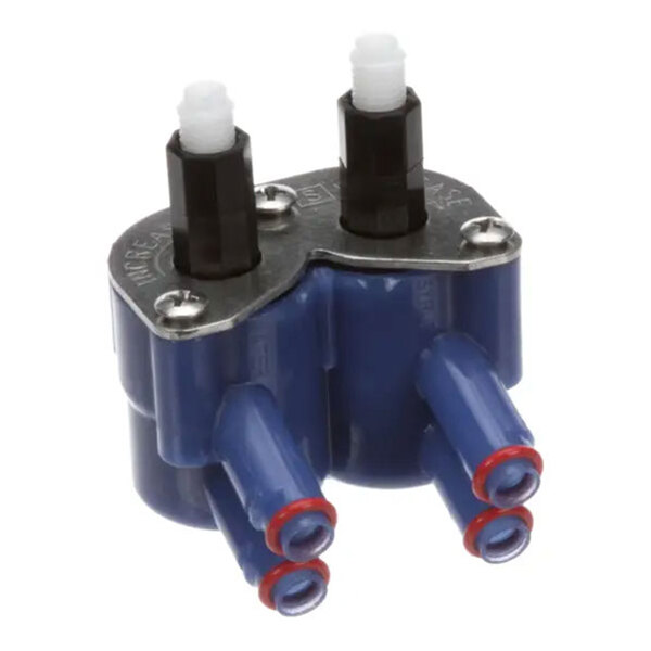 A blue Cornelius 560006408 flow control assembly with multiple ports and connectors.