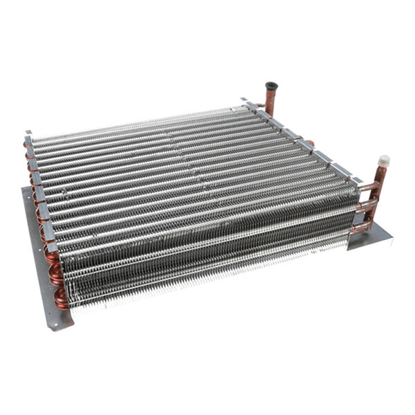 An evaporator coil with five rows, measuring 16 by 18 inches, used in refrigeration systems.