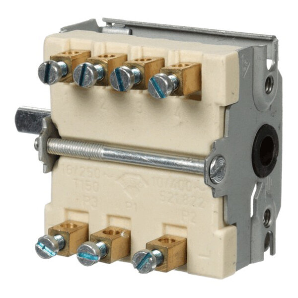 A mechanical temperature controller with multiple screw terminals and a metal mounting bracket.