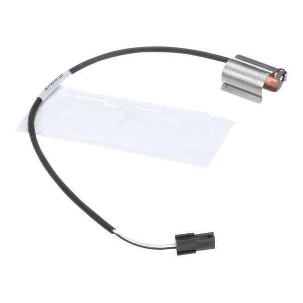 A thermistor kit with a black wire, metal sensor housing, and a plastic connector, designed for IP68 applications and 1/2 inch fittings.