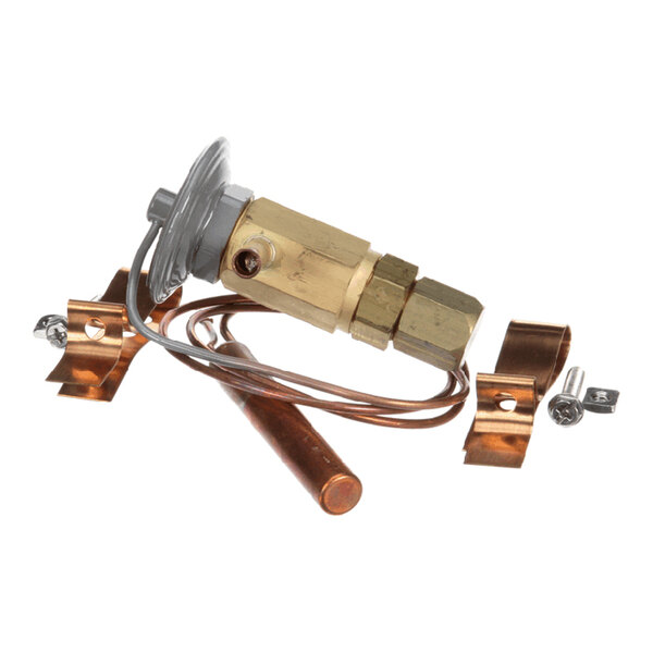 An expansion valve for refrigeration systems, made of brass and copper components, with mounting hardware included.