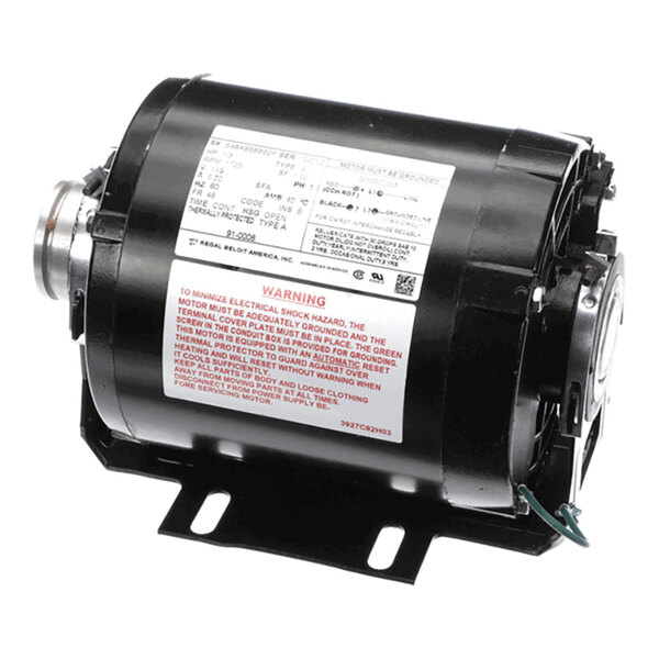 A black AC motor with a cylindrical body, mounting base, and attached specification labels.