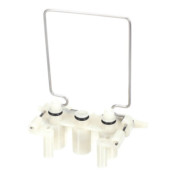 A white plastic mounting block assembly with three ports and a metal handle.