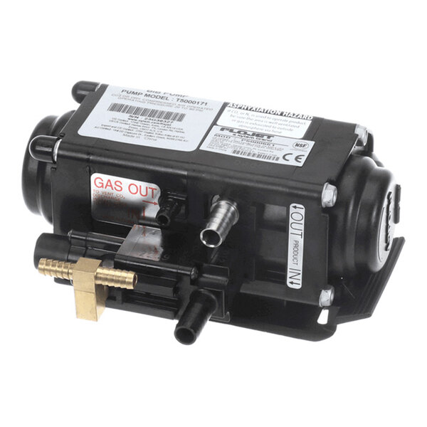 A black Lancer N5000-171 Flojet pump with labeled inlet and outlet ports and attached brass fittings.