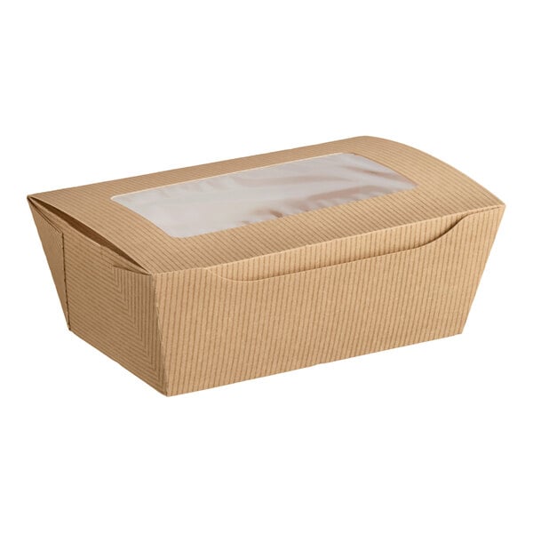 A brown paper hot food take-out container with a clear window and vent holes.