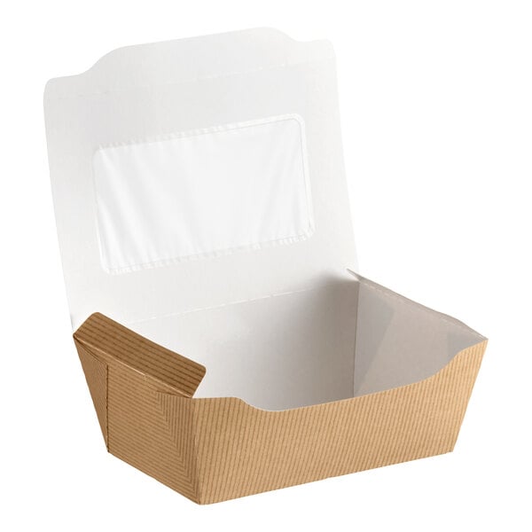 A brown paper hot food take-out container with a clear window and vent holes, designed for food service use.