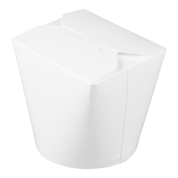 A white 26 oz. microwavable paper take-out container with a folded top.