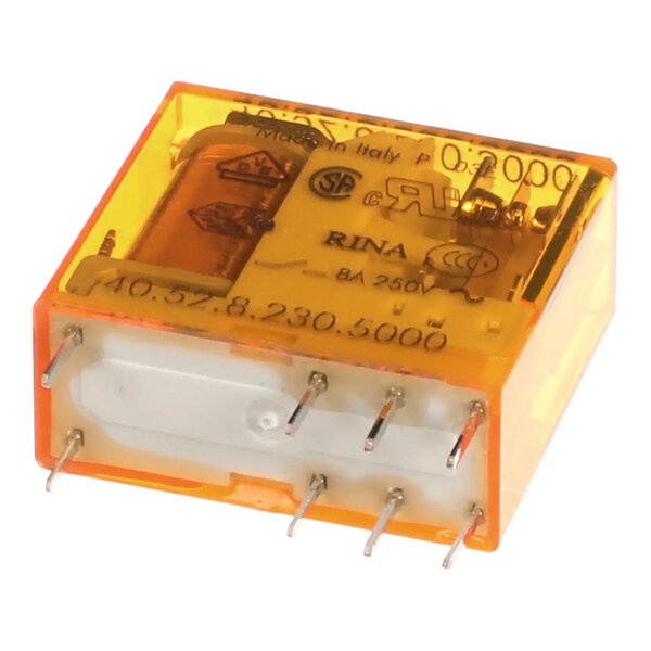 A miniature DPDT relay with a transparent orange casing and multiple metal pins for electrical connections.