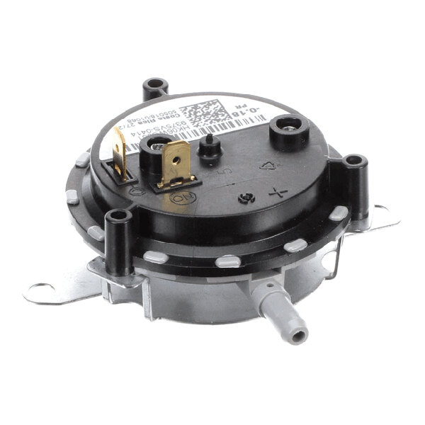 A round black and gray vent pressure switch with metal mounting brackets and electrical terminals.