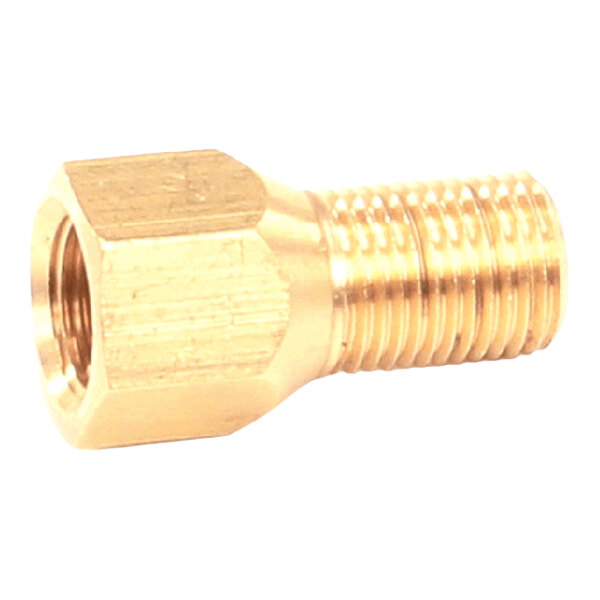 An orifice extension fitting made of brass with a hexagonal nut and threaded end, measuring 1 inch by 3/8 inch.