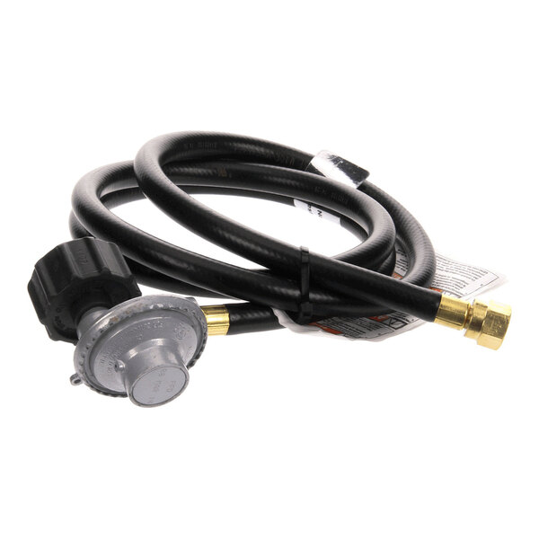 A black LP regulator hose with metal fittings and a regulator attached, measuring 60 inches in length.