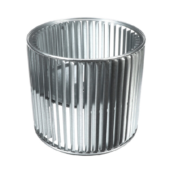 A cylindrical metal blower wheel with evenly spaced blades, used in HVAC systems.