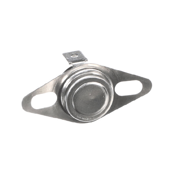 A metal limit switch for HVAC systems with two mounting holes and a single electrical terminal.