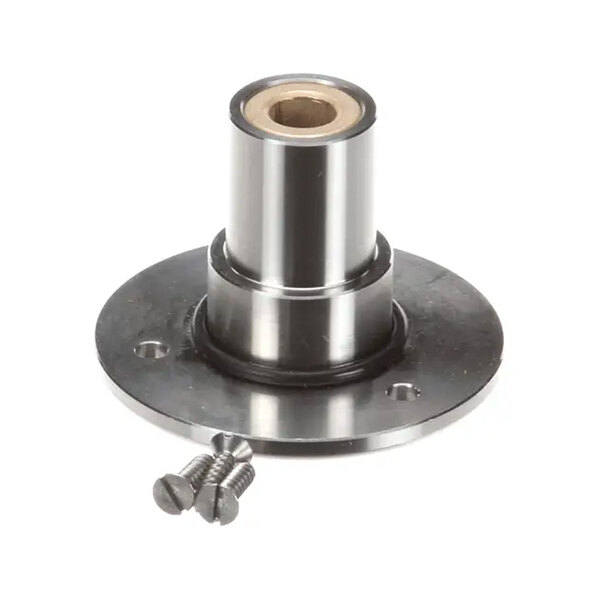 A stainless steel lower assembly part with a circular base and two screws, designed for Dynamic Mixers.