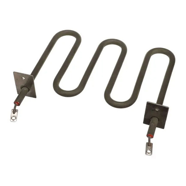 A metal heating element with a zigzag shape and mounting plates at each end.