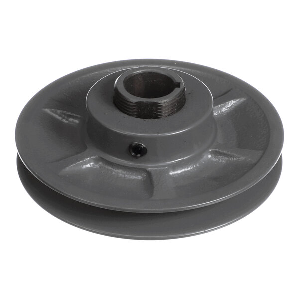 A metal pulley for mechanical or HVAC applications.