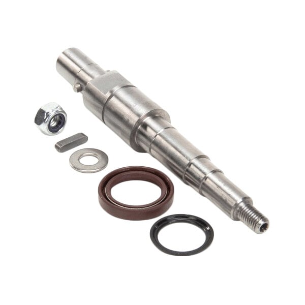 A metal shaft assembly with accompanying washers, seals, and a nut, identified as the Electrolux Professional 0D5569 Shaft, Eq Tr2S.