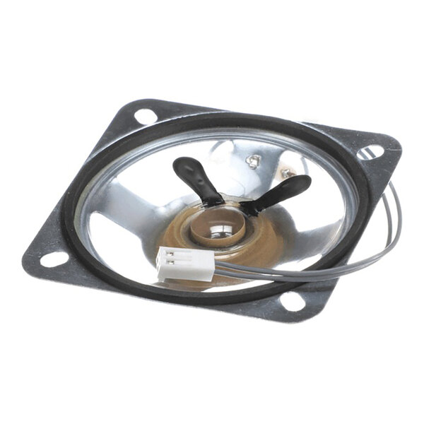 A speaker harness with a reflective cone, mounting plate, and attached wiring with a white connector.