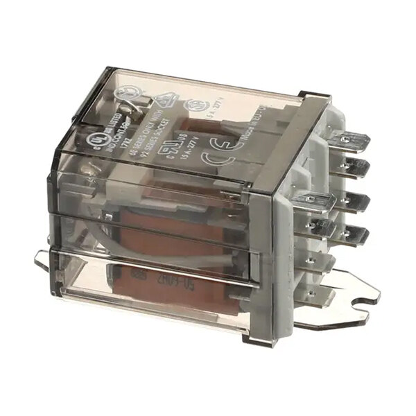 A clear plastic-encased DPDT relay control component with metal terminals and a flange mount.
