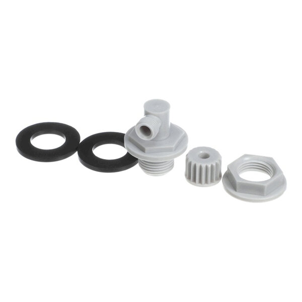 A chemical feed assembly kit consisting of plastic fittings, washers, and a nut.