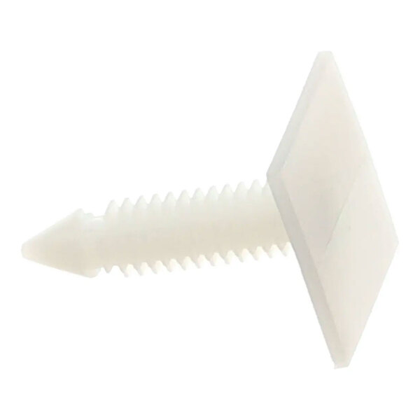 A white plastic fastener with a ribbed stem and a flat square head.