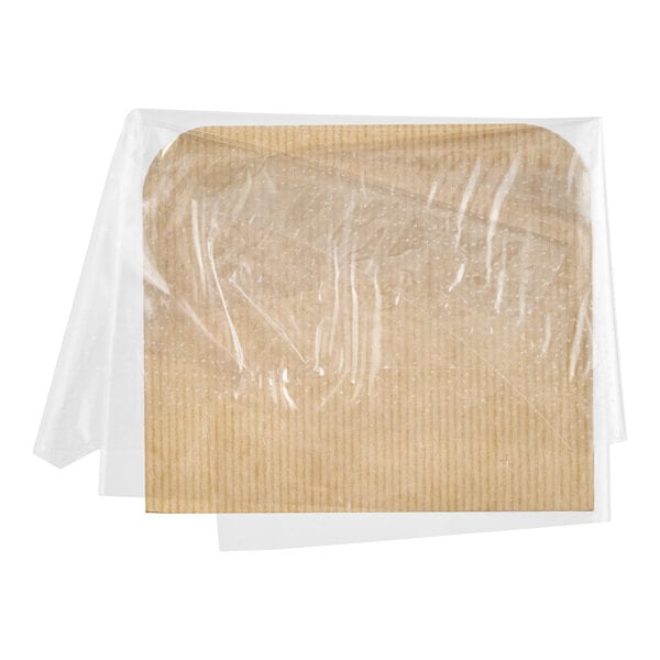 A square paper hot sandwich take-out container with a fog-resistant clear film cover.