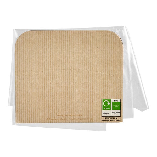 A square paper hot sandwich take-out container with a fog-resistant film cover.