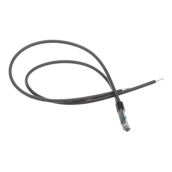 A black electrical temperature sensor cable with a metal probe at one end.