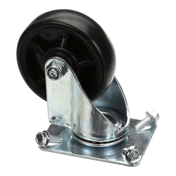 A metal swivel caster with a black wheel and mounting screws.