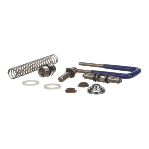 A collection of metal and plastic mechanical parts, including a spring, washers, rods, and fittings, arranged on a white background.