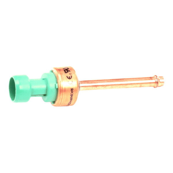 A braze-in pressure sensor with a copper body and green plastic connector, rated for 0-200 psig.