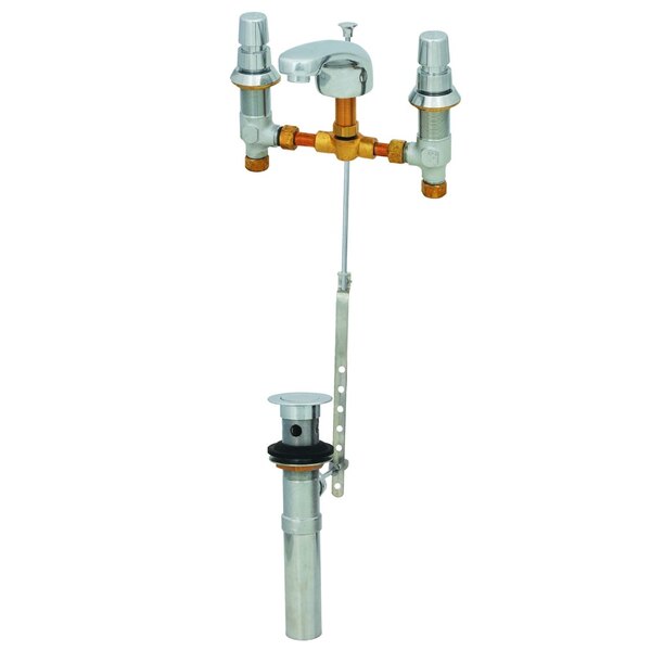 A T&S deck mount faucet with two handles and a spout.