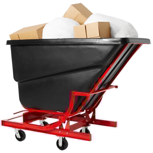 A black Rubbermaid self dumping hopper with 6" casters full of boxes.