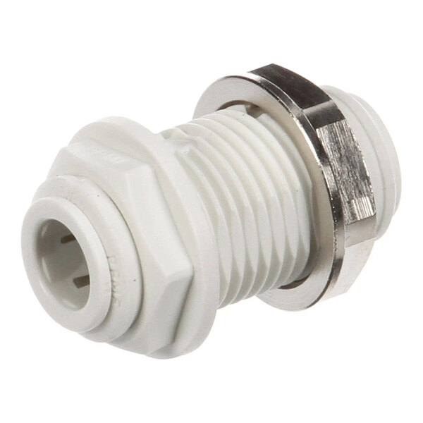 A white plastic bulkhead union fitting with a threaded body and metal nut, designed for 3/8 inch tubing connections.