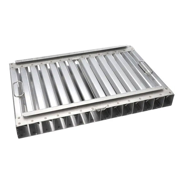 A rectangular metal air filter with vertical slats and handles on each side.